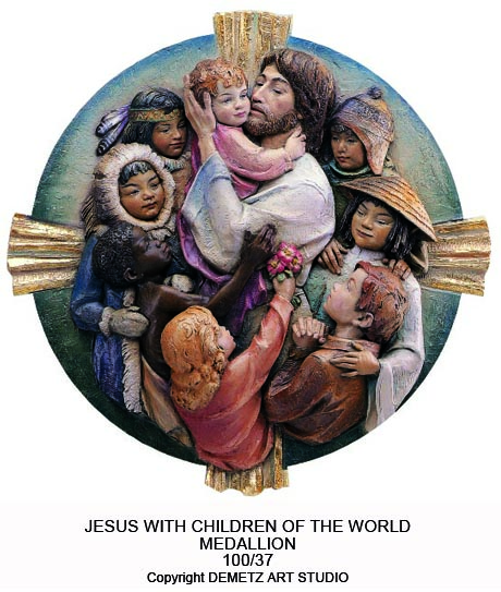 Statue Jesus Children Of The World - Medallion 28" Linden Wood