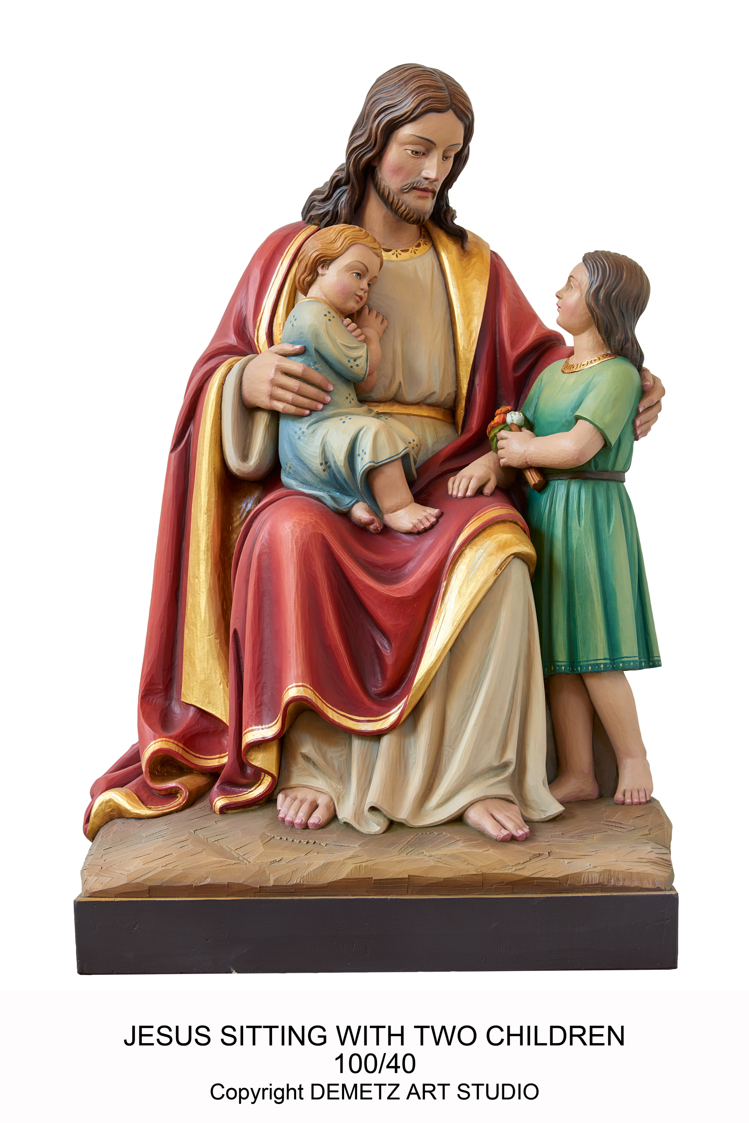 Statue Jesus Sitting With Two Children 36" Linden Wood
