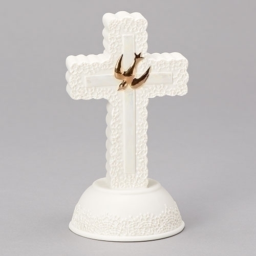 Cross Standing Confirmation 7 inch Lace Porcelain Gold Dove