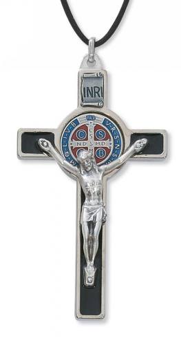 Crucifix Necklace St. Benedict 3 in Silver Enameled Black Color