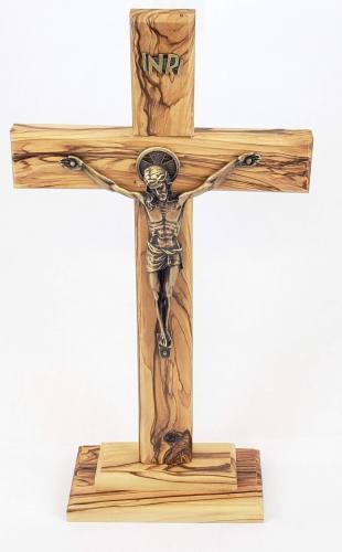 Crucifix Standing Olive Wood Bronze Corpus 11 Inch