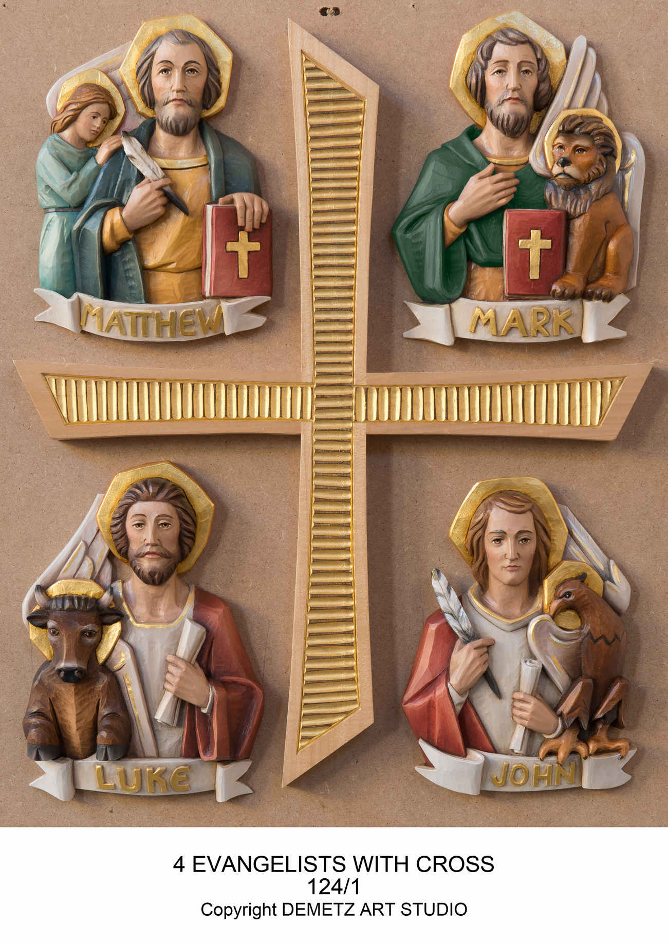 Statue Set Of Four Evangelists Symbols 8 1/2" x 9" Linden Wood