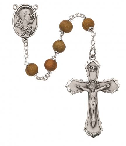 Rosary Sacred Heart Medal Pewter Silver Olive Wood Beads