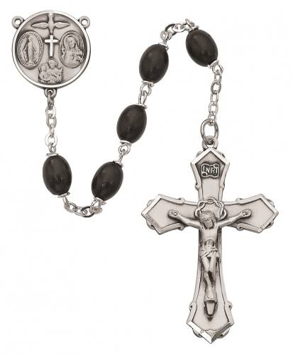 Rosary Four Way Medal Pewter Silver Black Wood Beads