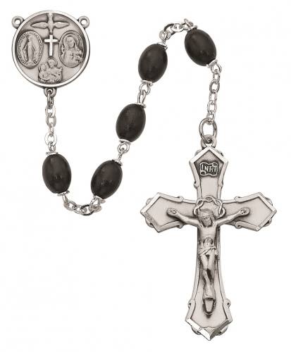 Rosary Four Way Medal Sterling Silver Black Wood Beads