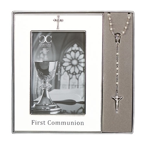 First Communion 8" Frame White With White Rosary