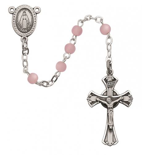 Rosary Baptism Miraculous Medal Pewter Silver Pink Glass Beads