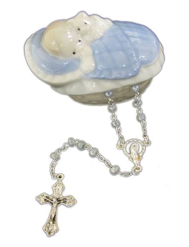 Rosary Baptism Oxidized Silver Blue Beads & Box