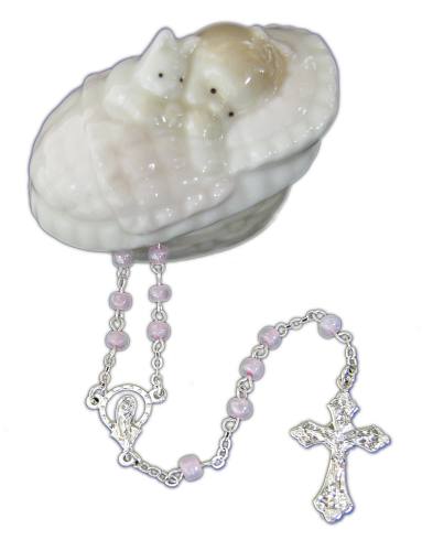 Rosary Baptism Oxidized Silver Pink Beads & Box