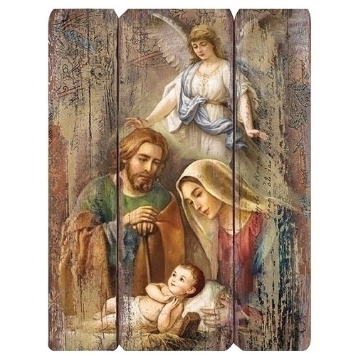 Wood Pallet Holy Family With Angel 13 x 17 Inch
