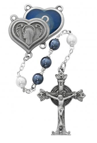 Rosary Mary Lourdes Water Pewter Silver Blue & White Pearl Beads