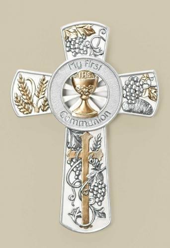 Wall Cross First Communion Silver & Gold 8 inch Resin