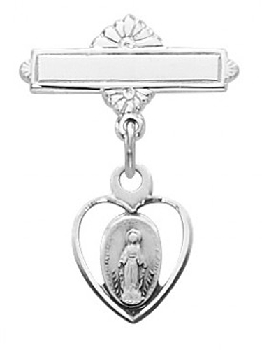 Miraculous Medal Pin Baptism Baby Heart 1/2 inch Sterling Silver
