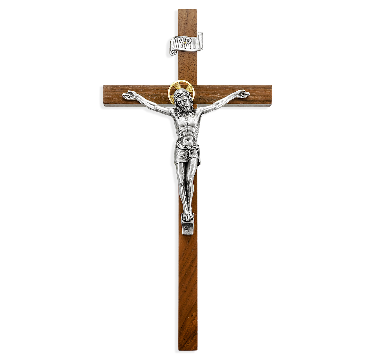 Crucifix Wall 11" Walnut Cross with Silver and Gold Tone Corpus