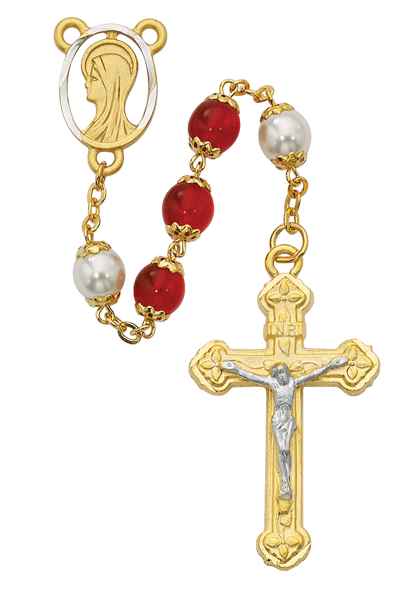 Red and Pearl like  Glass Rosary