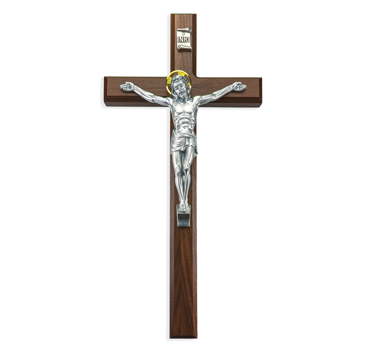 Crucifix Wall 15" Heirloom Walnut Cross  Silver Finish Corpus