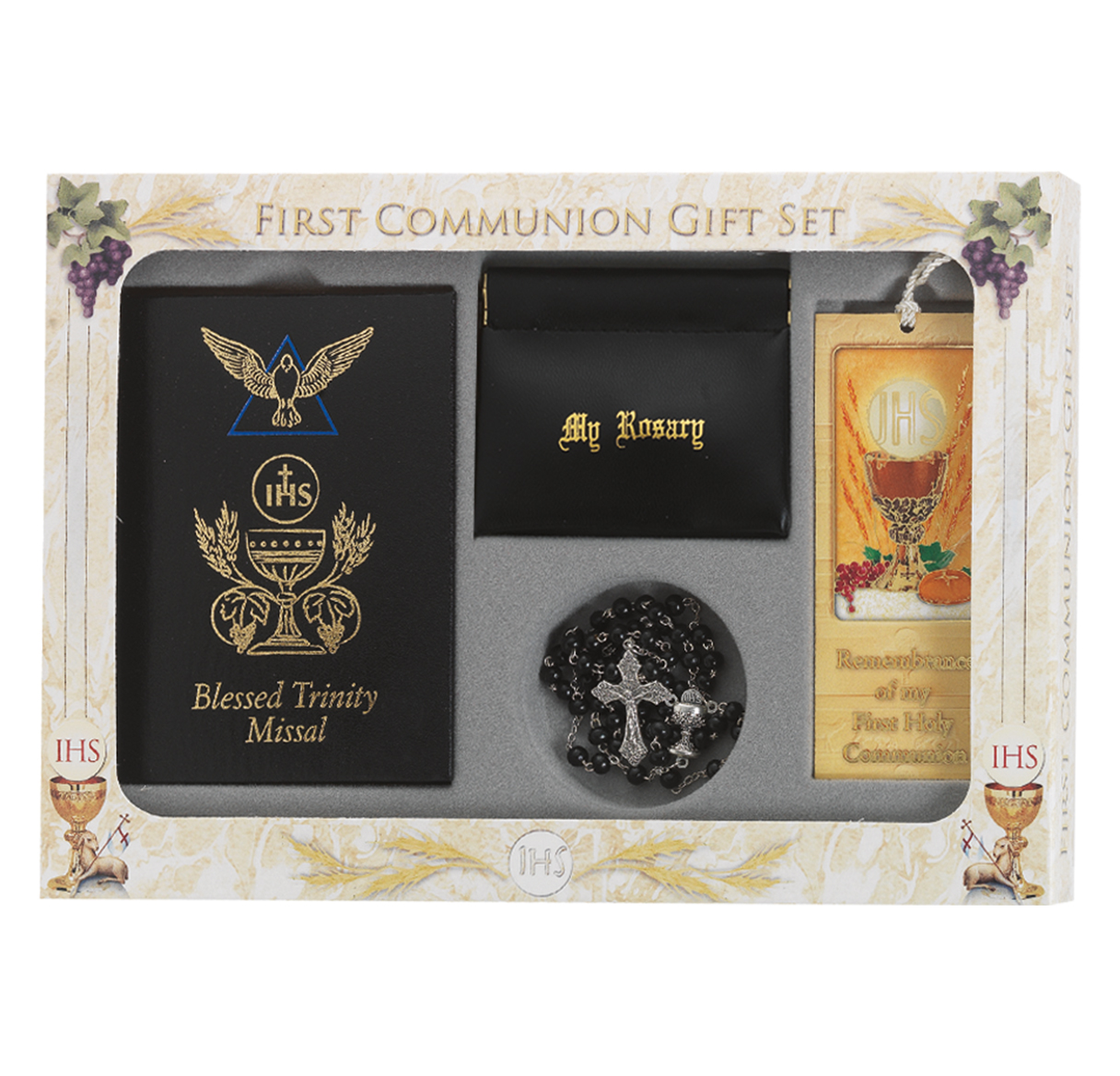First Communion Gift Set 6pc Boys Black Blessed Trinity Missal