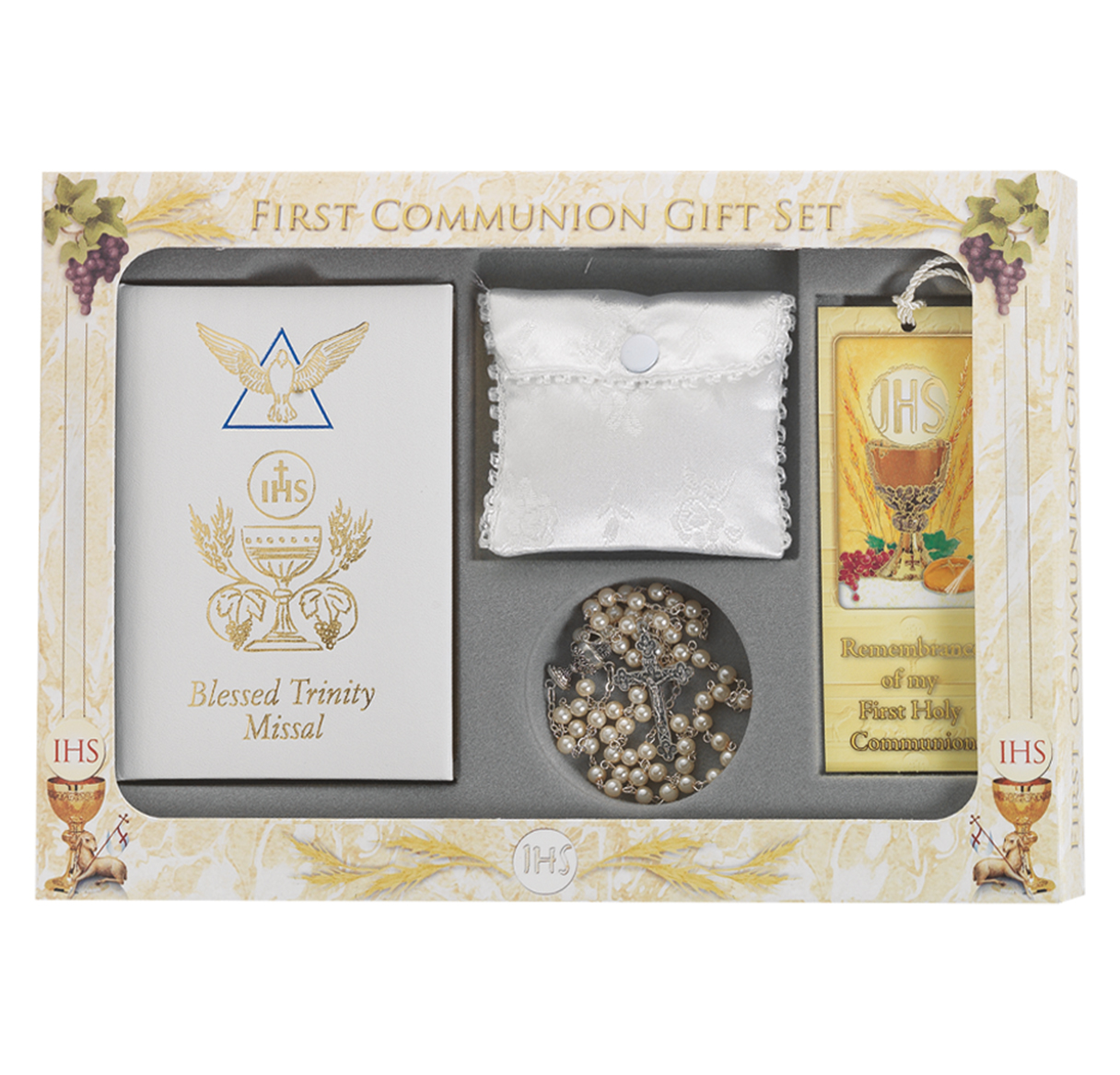 First Communion Gift Set 6 pc Girls White Blessed Trinity Missal