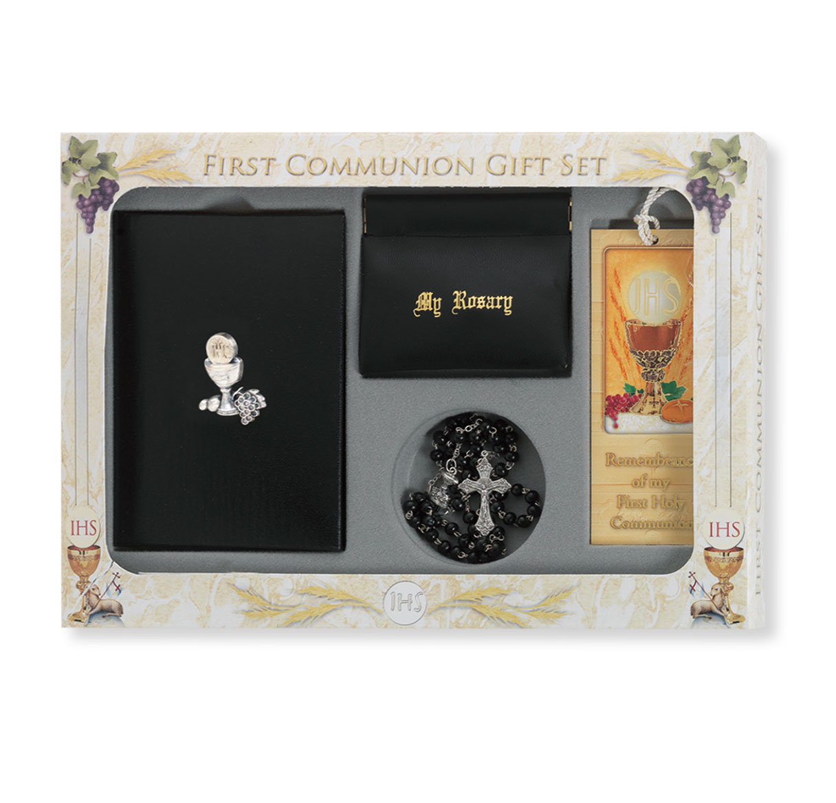 First Communion Gift Set 6 pc Black Blessed Trinity Missal