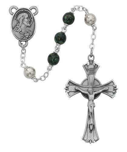 Rosary Sacred Heart Medal Pewter Silver Green Marble Beads