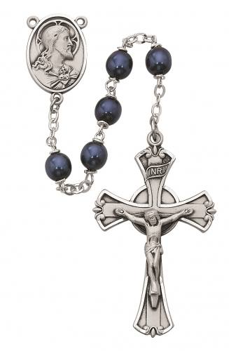 Rosary Sacred Heart Medal Pewter Silver Blue Pearl Beads