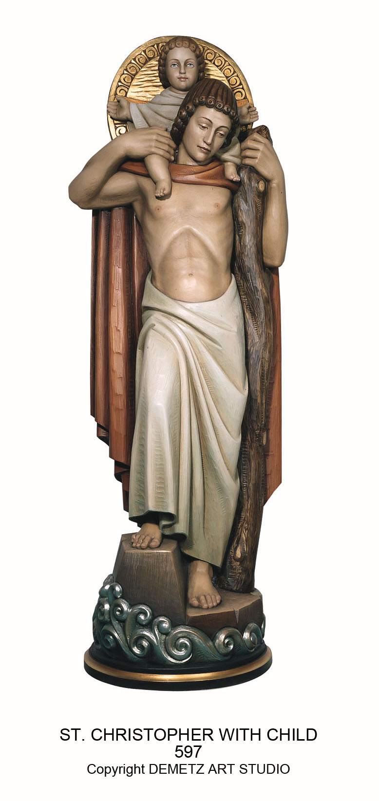 Statue St. Christopher With Child 36" Linden Wood