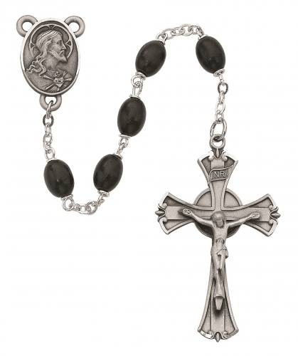 Rosary Sacred Heart Medal Pewter Silver Black Wood Beads