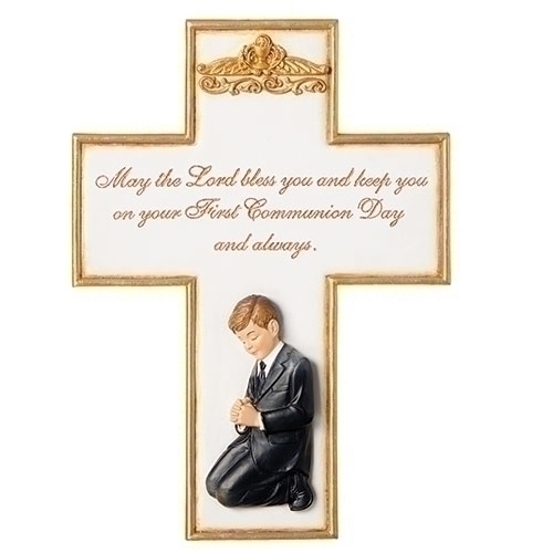 Cross Wall First Communion Praying Boy 8.5 inch Resin