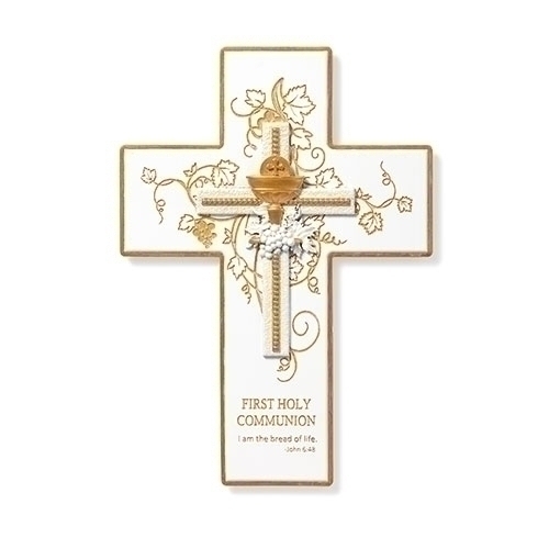 First Communion Cross 9" White Gold Chalice