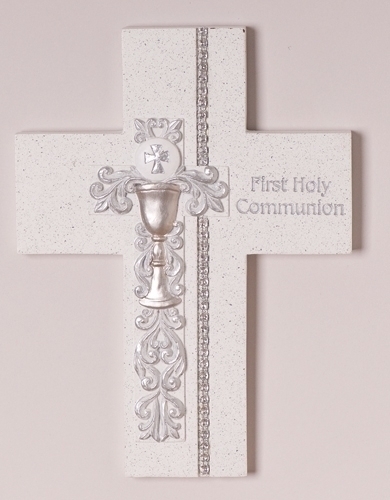 Wall Cross First Communion Silver Scroll Chalice 7.5 inch Resin