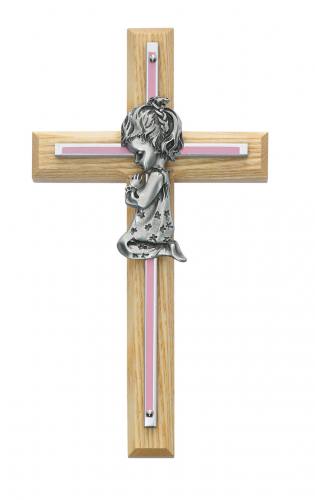 Cross Wall Baptism Girl 7 inch Silver Enameled Inlaid Oak