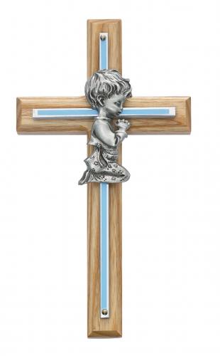 Cross Wall Baptism Boy 7 inch Silver Enameled Inlaid Oak