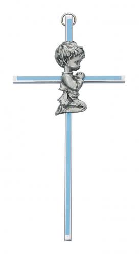 Cross Wall Baptism Boy 6 inch Silver Enameled Blue