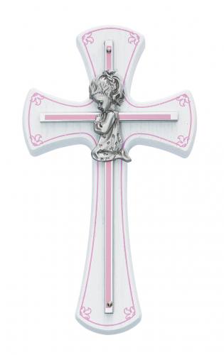 Cross Wall Baptism Girl 7 inch Silver Enameled Inlaid White