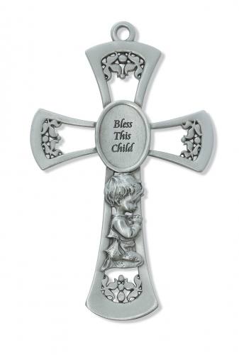 Cross Wall Baptism Praying Boy 6 inch Pewter Silver