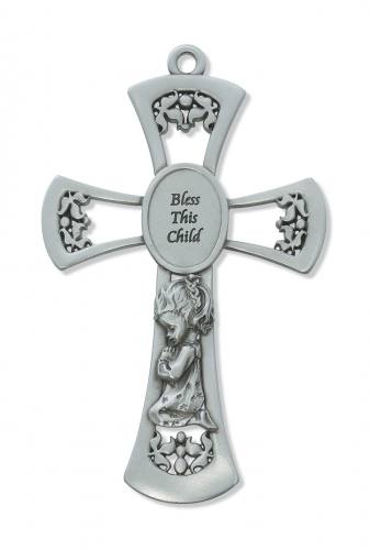 Cross Wall Baptism Praying Girl 6 inch Pewter Silver