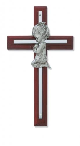 Cross Wall Baptism Girl 7 inch Silver Inlaid Cherry
