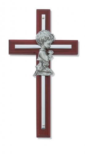 Cross Wall Baptism Boy 7 inch Silver Inlaid Cherry