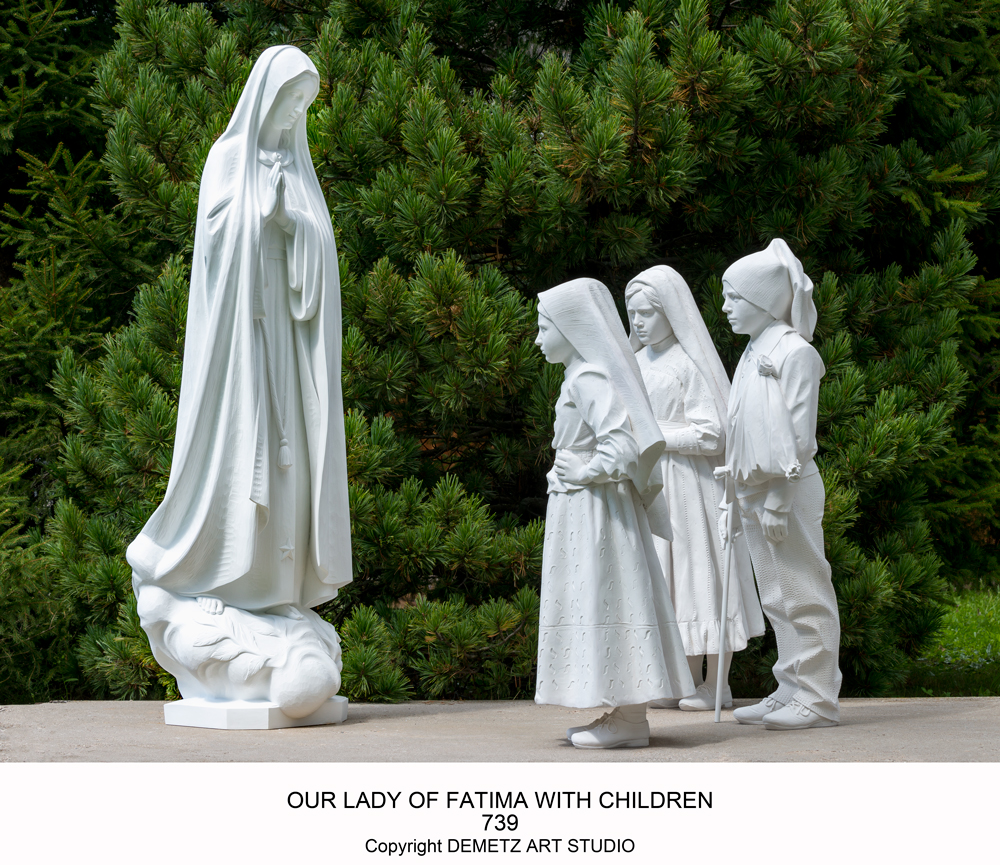 Statue Our Lady Of Fatima With 3 Children 48" Linden Wood