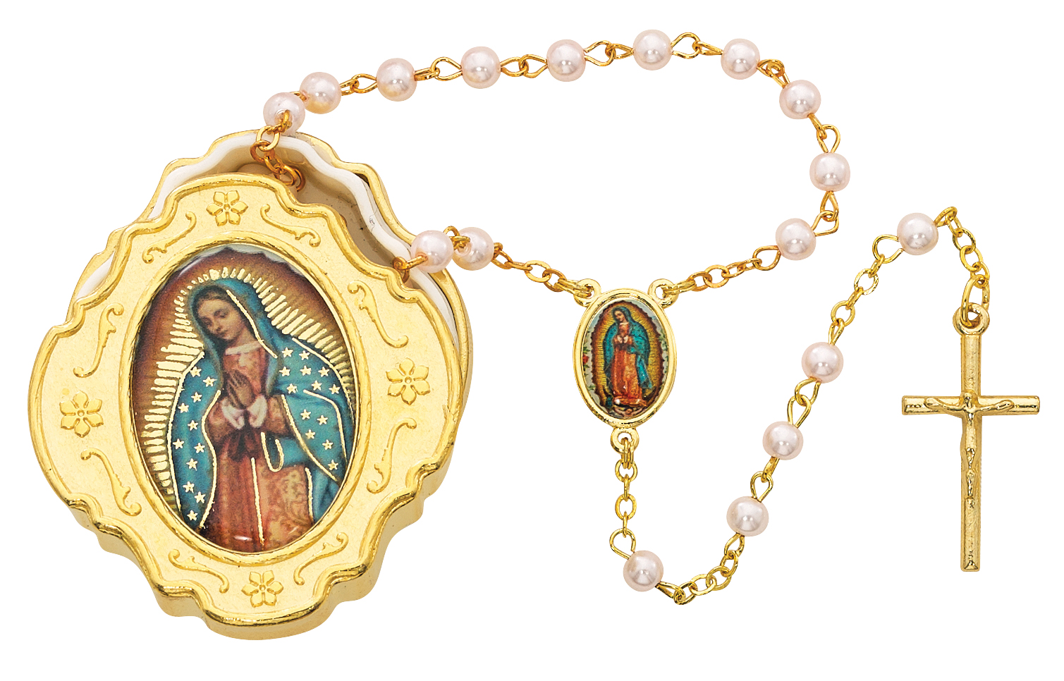 Guadalupe Box and Pink Rosary Gold