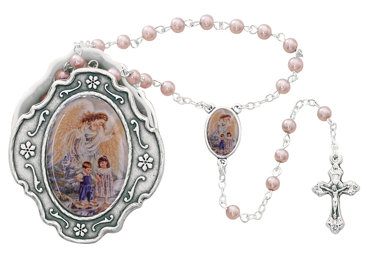 Guardian Angel Box and Pink Rosary Silver