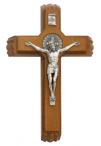 Crucifix Sick Call St. Benedict 13 inch Walnut Silver Corpus