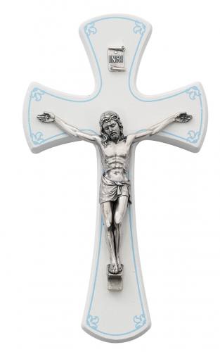 Crucifix Wall Flared 7 inch White Blue Filigree Silver Corpus