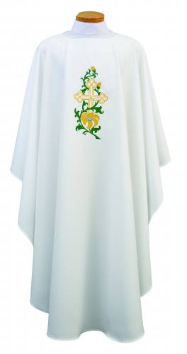 Chasuble Poly Linen Weave Cross Flowers
