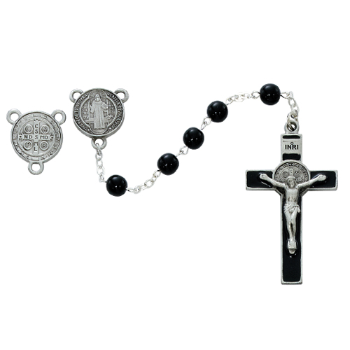 Rosary St. Benedict Medal Pewter Silver Enamel Black Glass Bead