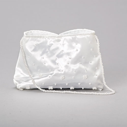 First Communion Purse White Satin Pearls