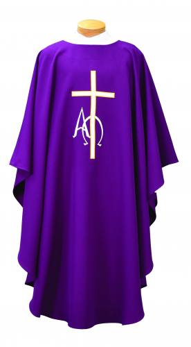 Chasuble Poly Linen Weave Cross Alpha & Omega