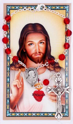 Auto Rosary Jesus Sacred Heart Medal Oxidized Red Crystal Beads