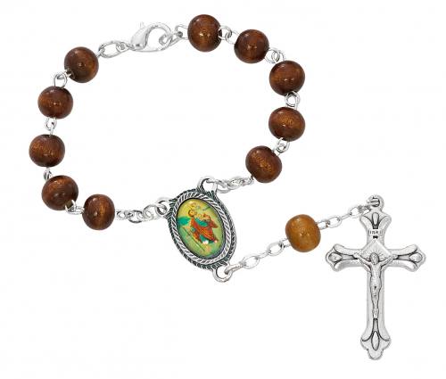 Auto Rosary St. Christopher Oxidized Silver Brown Wood Beads