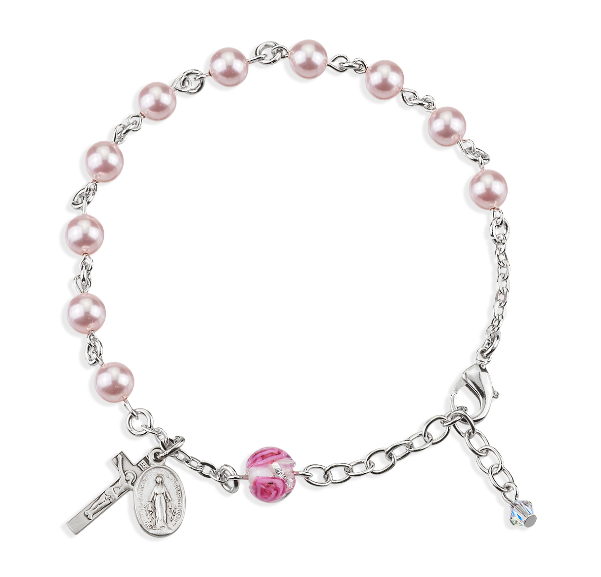 Rosary Bracelet 6mm Pink Swarovski Pearl Sterling Silver
